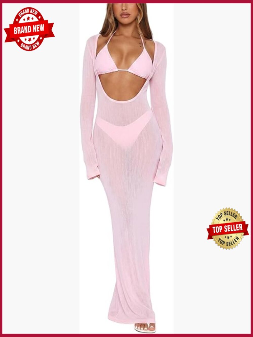 3 Piece Sexy Halter Triangle Thong Bikini Set with Sheer Mesh Cover Up
